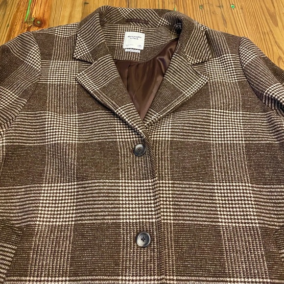 Abercrombie & Fitch Womens Dad Over Coat Brown Plaid Houndstooth Wool Blend 2XL - Picture 2 of 10